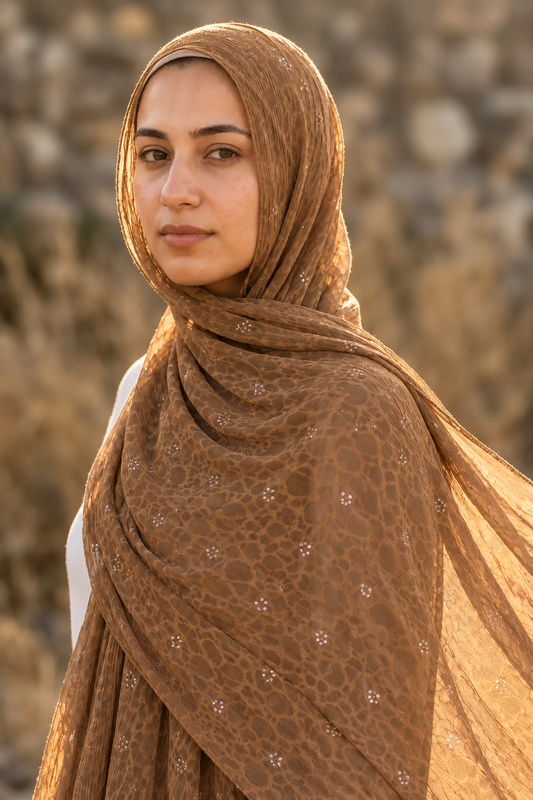 Coffee brown leopard print chiffon hijab by Al Emira