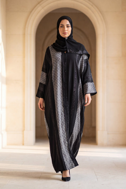 Mashrabiya abaya in Graphite, black and grey Korean Nida abaya with geometric pattern, with matching hijab