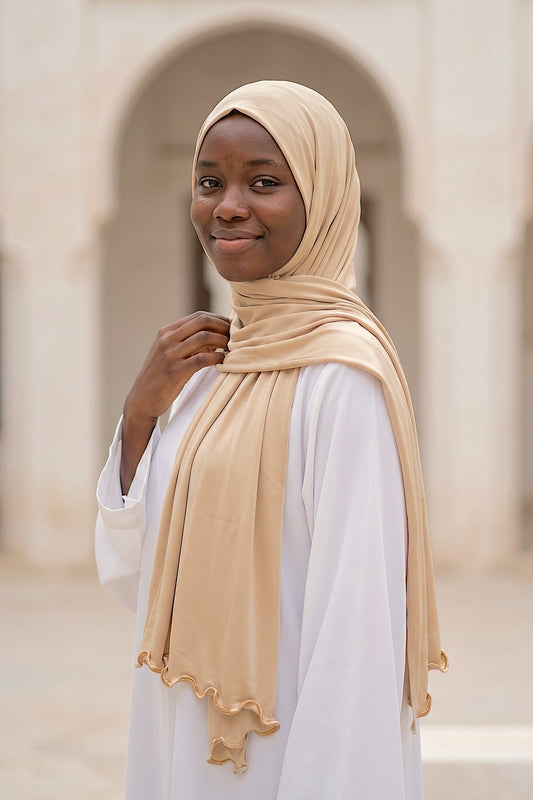 Al Emira Nude Satin Ripple hijab in a jersey, polyester and nylon blend