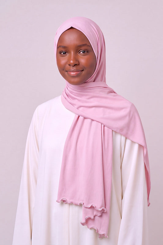 Al Emira Baby Pink Satin Ripple hijab in a jersey, polyester and nylon blend