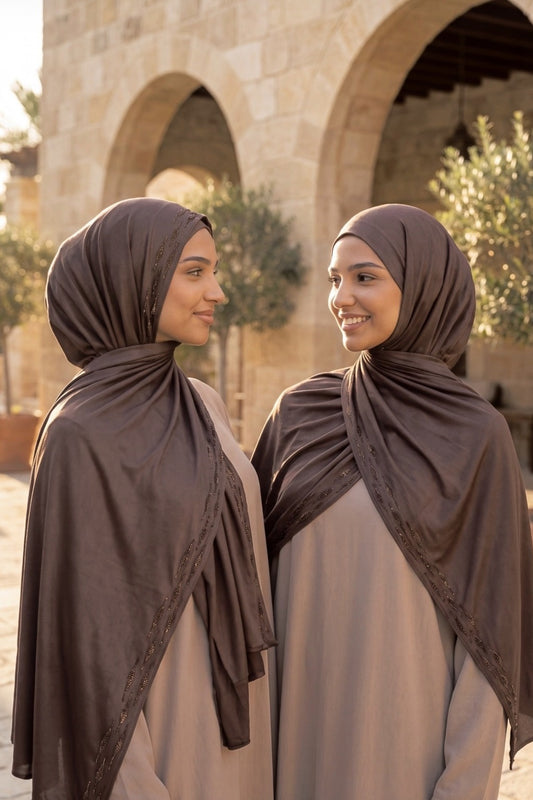Al Emira Dark Chocolate Stardust Trail hijab in a jersey, cotton and silk blend