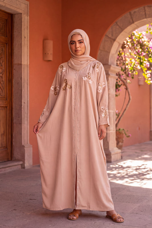 Blossom abaya in Champagne, beige Korean Nida abaya with floral embroidery, with matching hijab