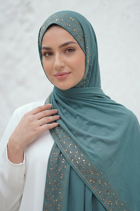 Teal Cascade hijab in a jersey, cotton and silk blend