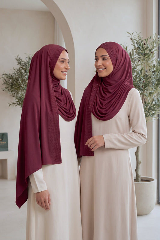 Al Emira Red Wine Rhinestone hijab in a jersey, cotton and silk blend