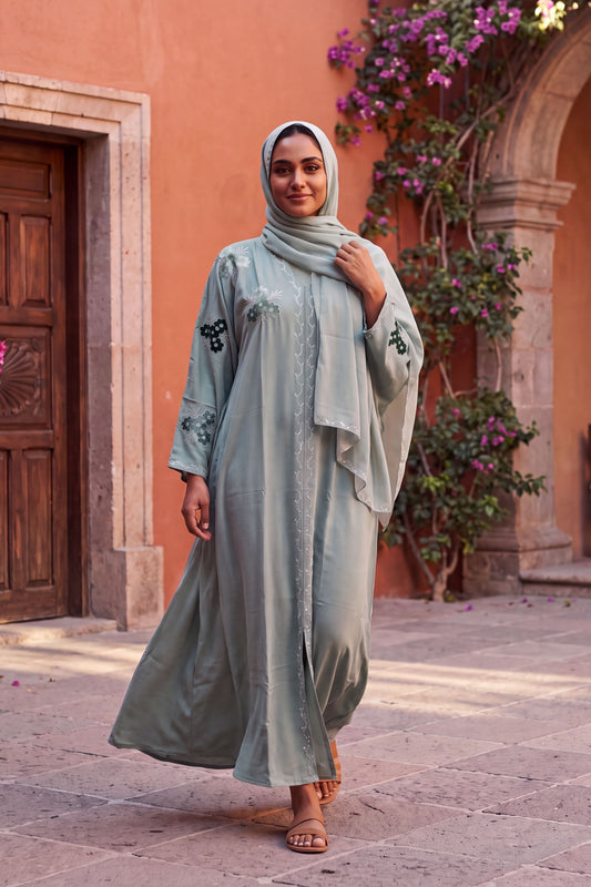 Blossom abaya in Sage, green Korean Nida abaya with floral appliqué, with matching hijab