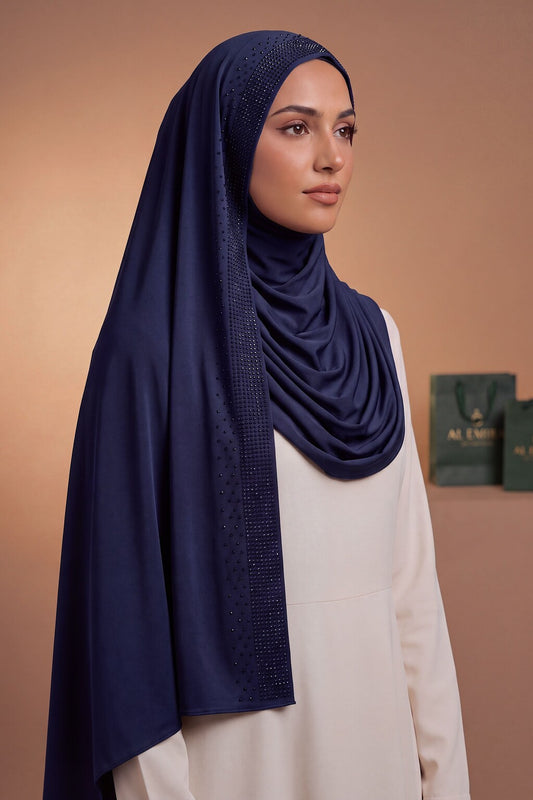 Navy Rhinestone liquid jersey hijab by Al Emira