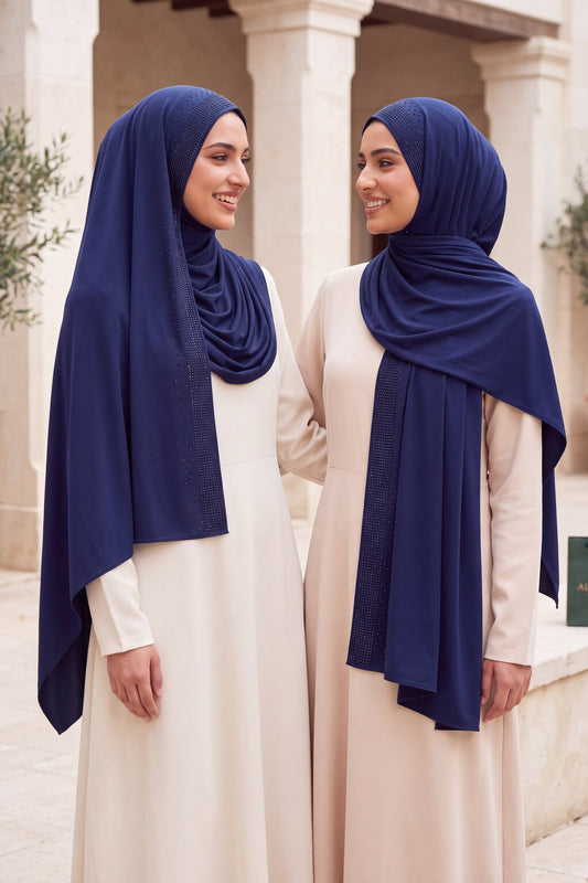 Al Emira Navy Rhinestone hijab in a jersey, cotton and silk blend