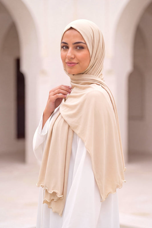 Al Emira Champagne Satin Ripple hijab in a jersey, polyester and nylon blend