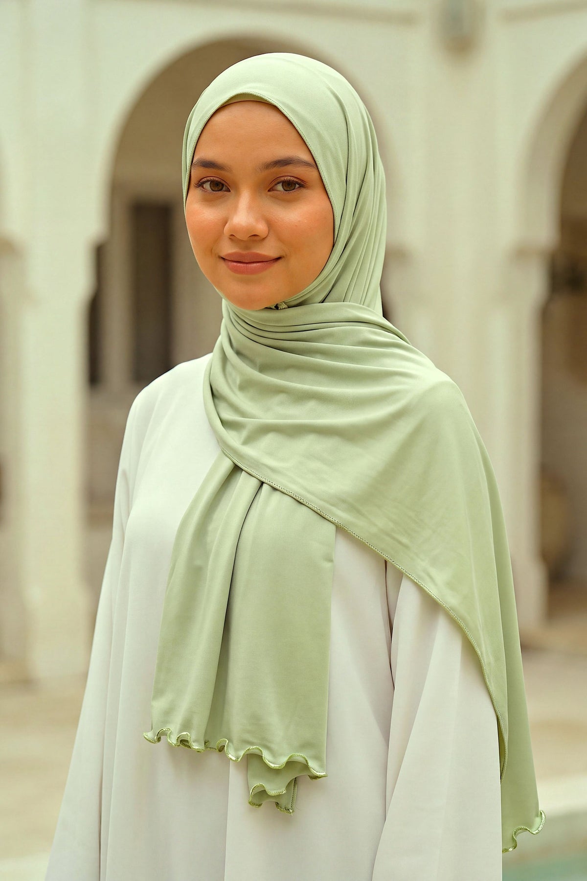 Al Emira Sage Satin Ripple hijab in a jersey, polyester and nylon blend