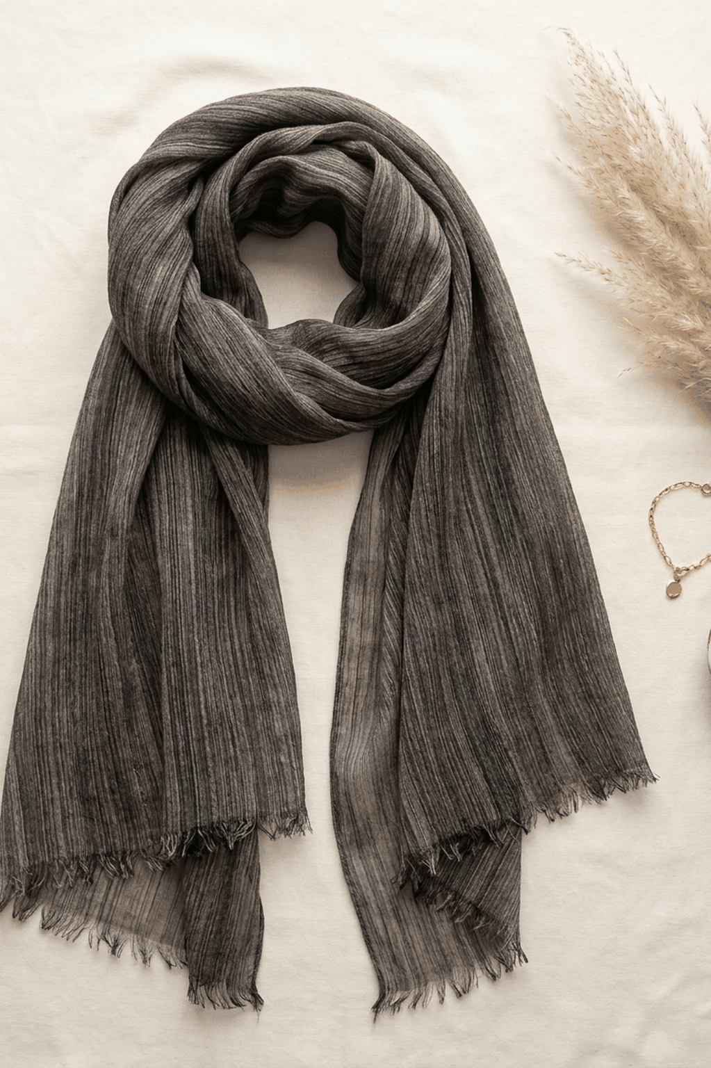 Near-black charcoal modal hijab with fine textured lines, 190 x 85cm