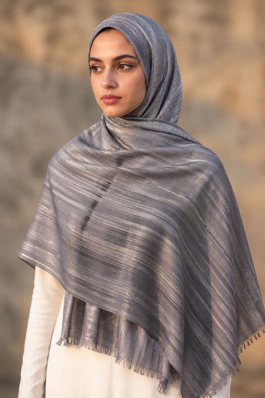 Grey chiffon hijab with tone-on-tone stripes by Al Emira