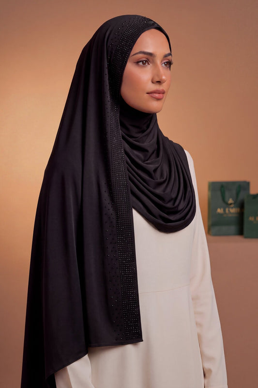 Noir Rhinestone liquid jersey hijab by Al Emira