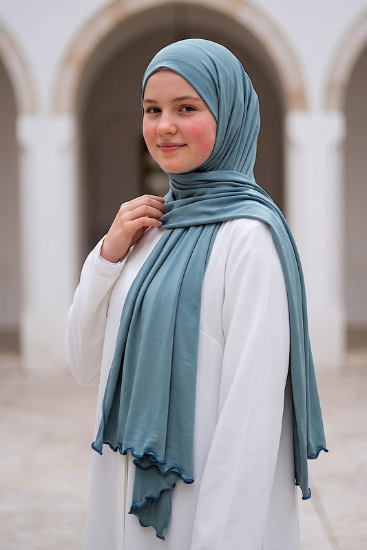 Al Emira Teal Satin Ripple hijab in a jersey, polyester and nylon blend