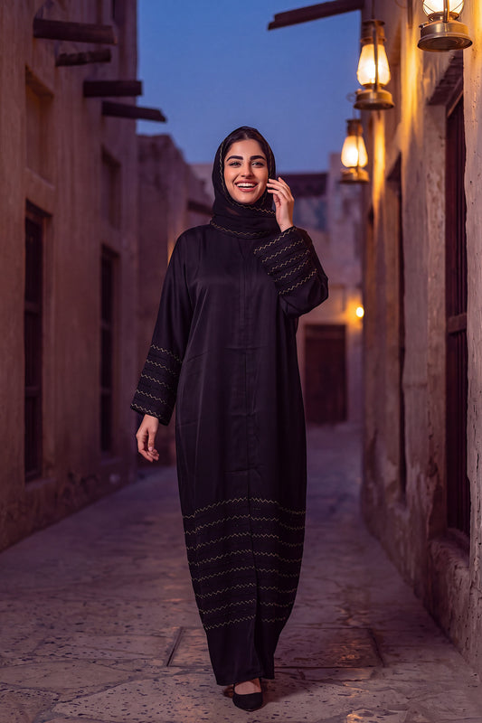 Chevron abaya in Gold, black and gold Korean Nida abaya with zigzag pattern, with matching hijab