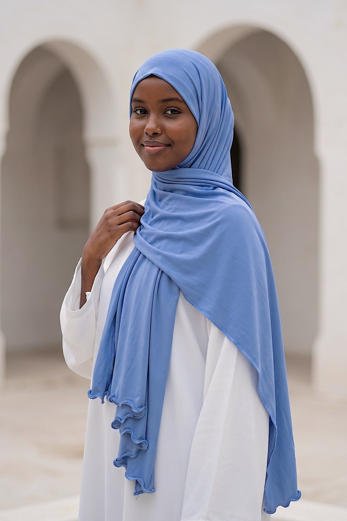 Al Emira Cornflower Satin Ripple hijab in a jersey, polyester and nylon blend