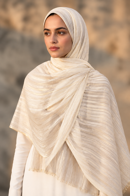 Off white chiffon hijab with tone-on-tone stripes by Al Emira