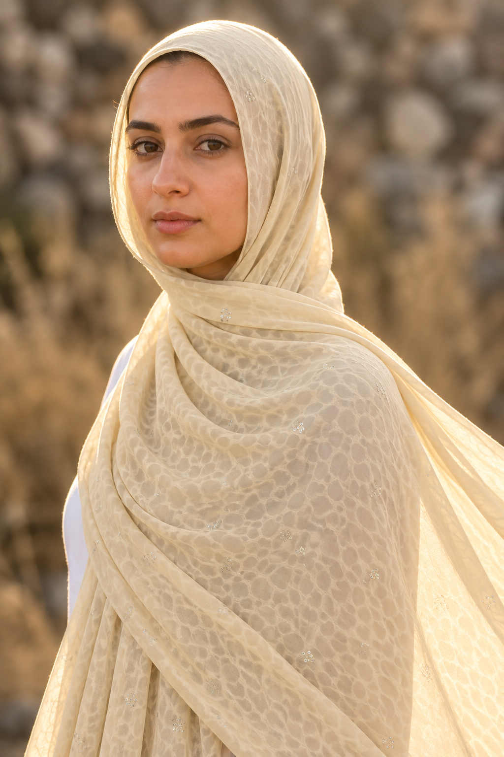 Cream leopard print chiffon hijab by Al Emira