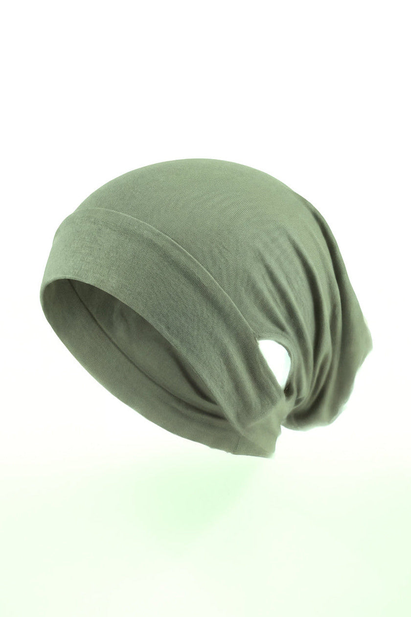 Desert sage ear free tube hijab under cap, second view
