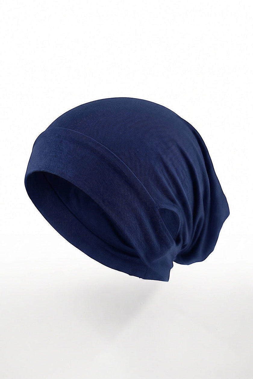 Navy ear free tube hijab under cap, second view