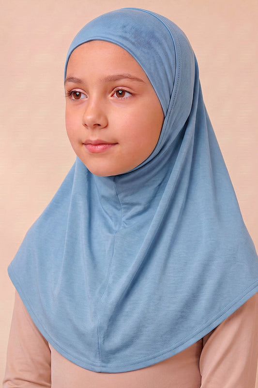Sky blue children's full coverage hijab under cap