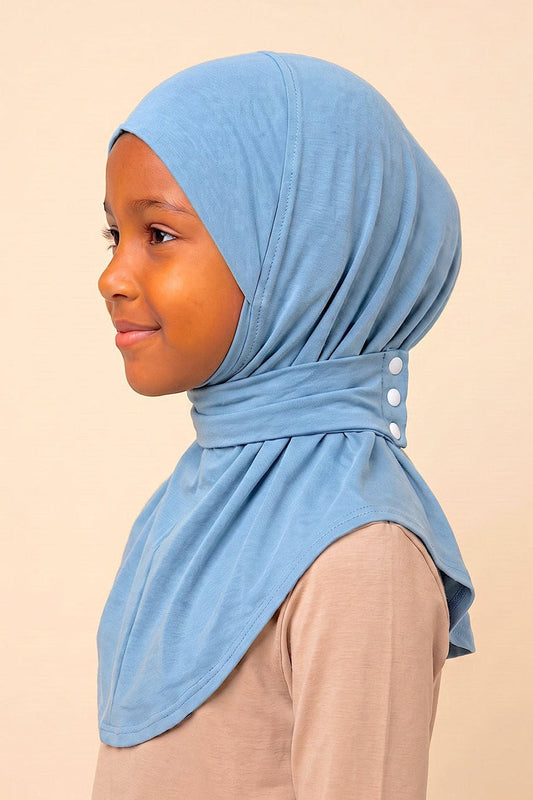 Sky blue children's snap hijab under cap