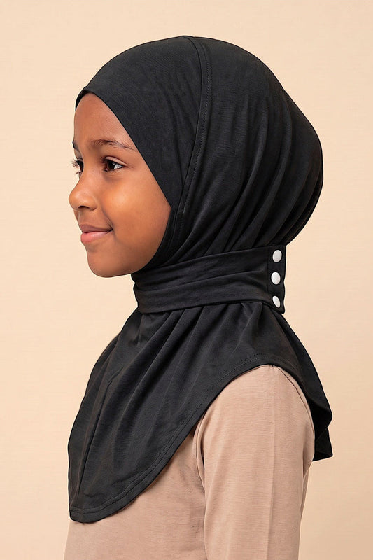 Black children's snap hijab under cap