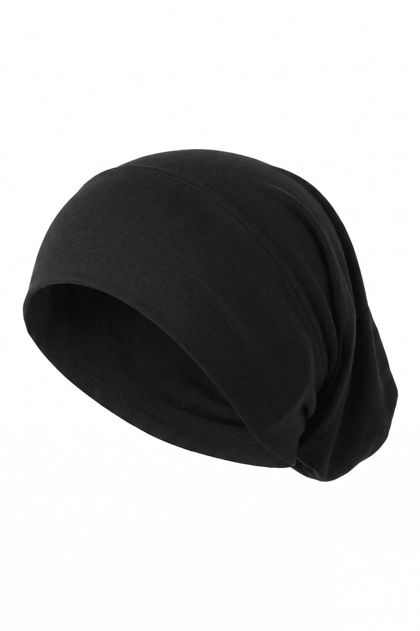 Black tube hijab under cap, second view