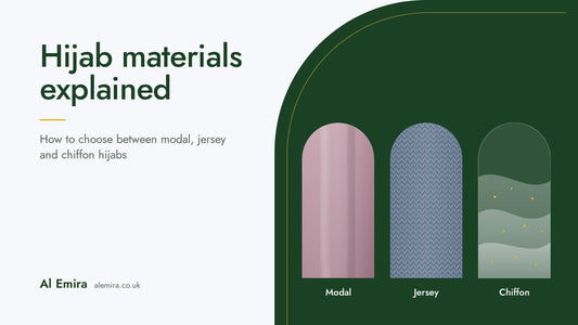 Hijab materials explained: illustrated modal, jersey and chiffon fabric swatches on a green Al Emira background