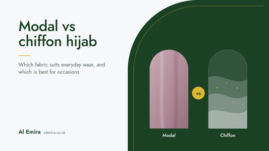 Modal vs chiffon hijab: illustrated modal and chiffon fabric swatches on a green Al Emira background