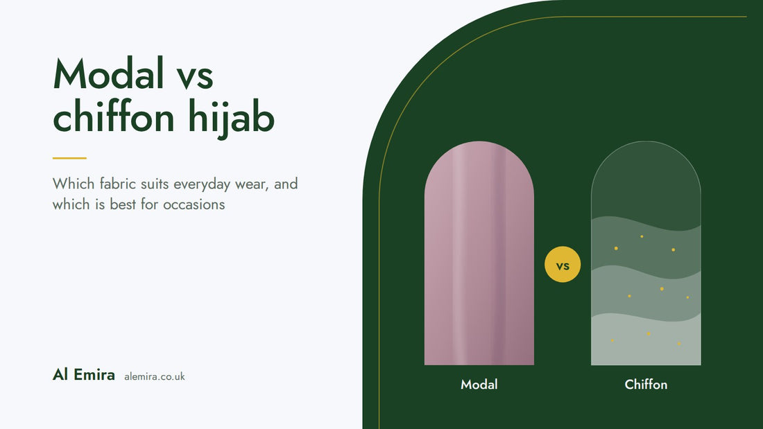 Modal vs chiffon hijab: illustrated modal and chiffon fabric swatches on a green Al Emira background