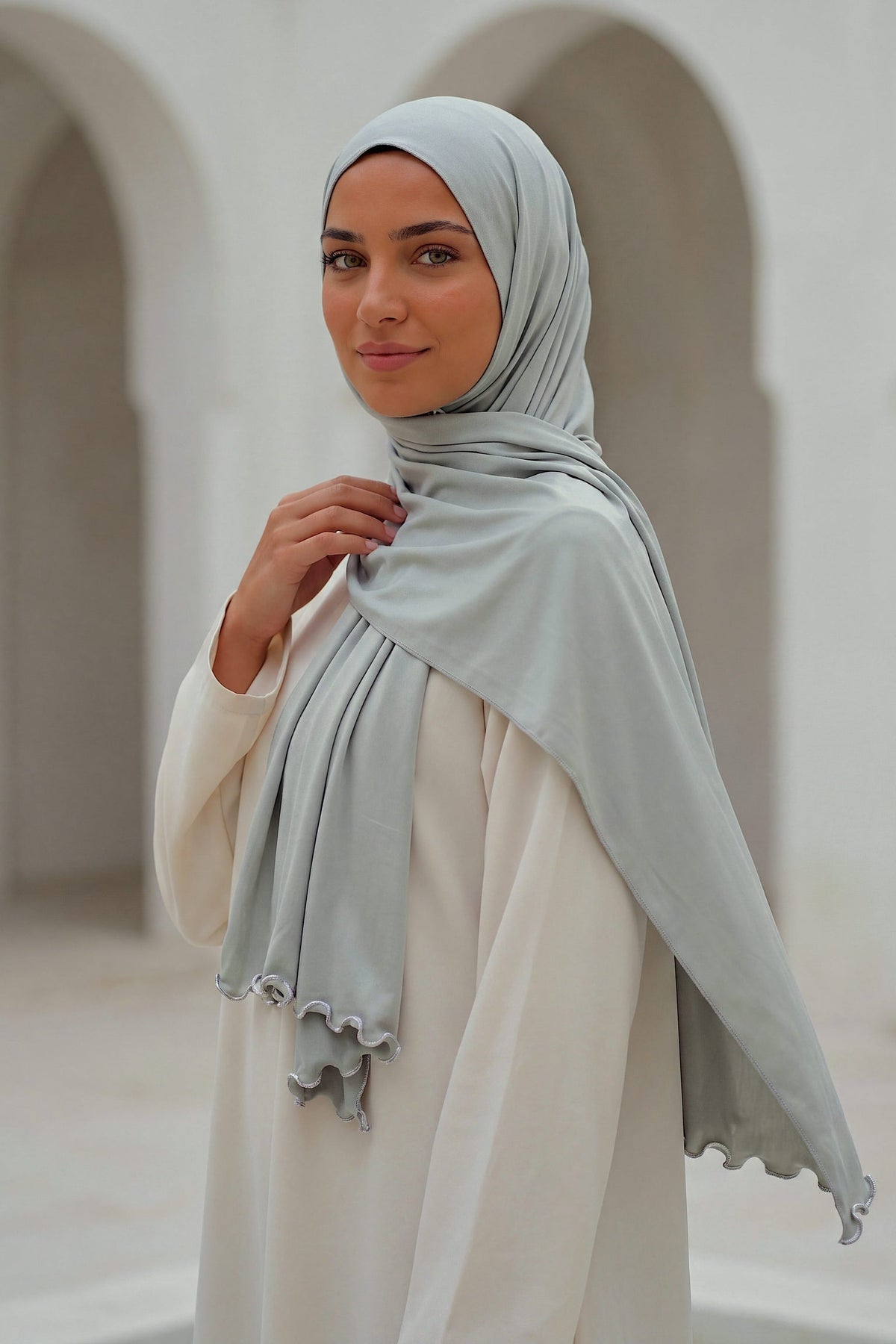 Al Emira Dove Satin Ripple hijab in a jersey, polyester and nylon blend