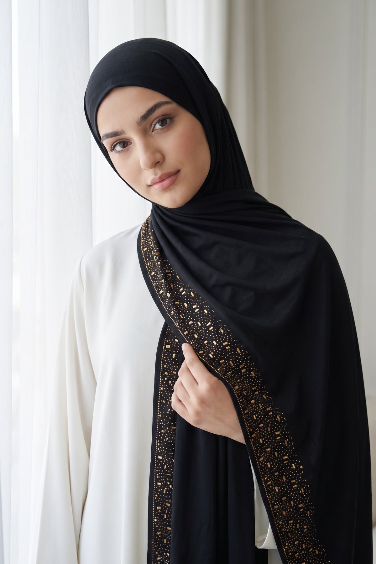 Black Cascade liquid jersey hijab for work and evening wear