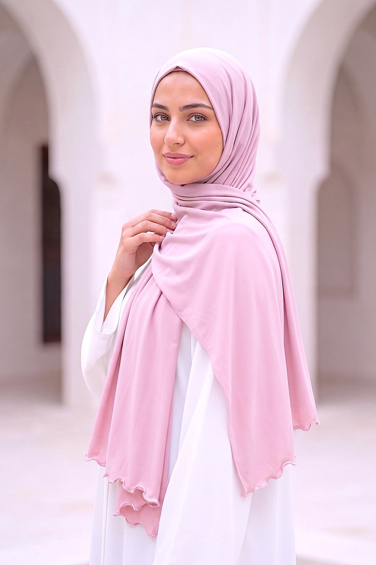 Baby Pink Satin Ripple liquid jersey hijab by Al Emira