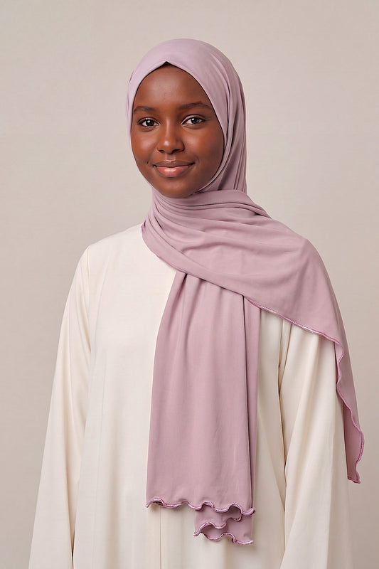 Al Emira Dusty Rose Satin Ripple hijab in a jersey, polyester and nylon blend