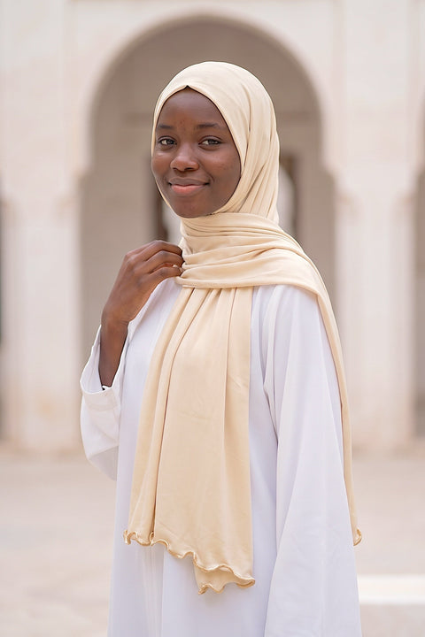 Ivory Satin Ripple liquid jersey hijab by Al Emira