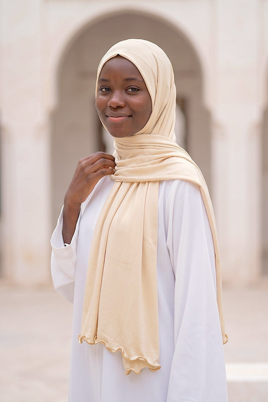 Ivory Satin Ripple liquid jersey hijab by Al Emira