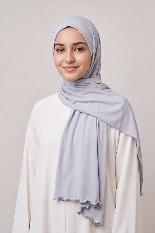 Al Emira Silver Satin Ripple hijab in a jersey, polyester and nylon blend