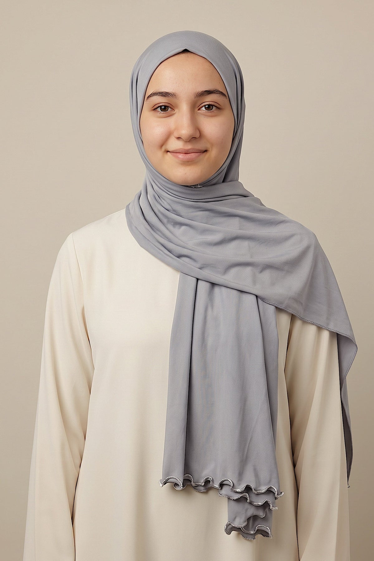 Al Emira Pewter Satin Ripple hijab in a jersey, polyester and nylon blend