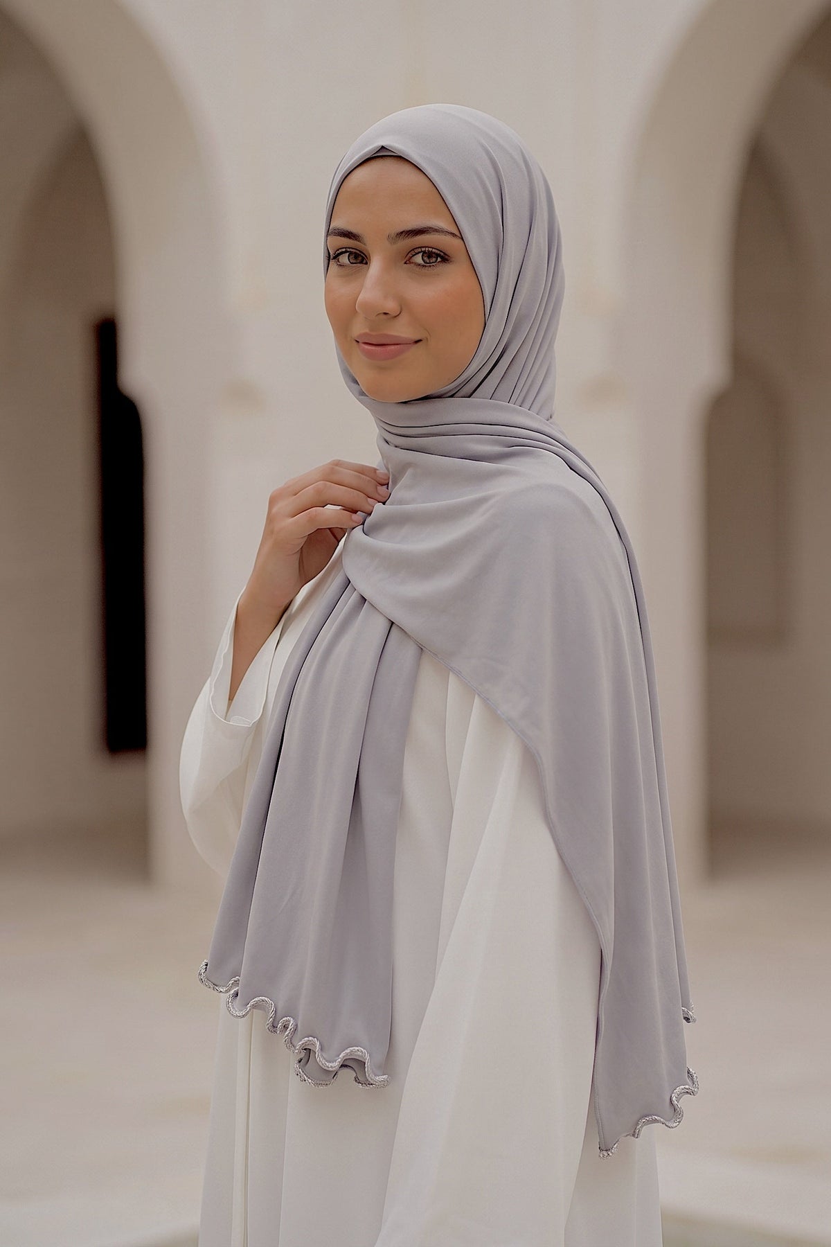 Pewter Satin Ripple liquid jersey hijab by Al Emira