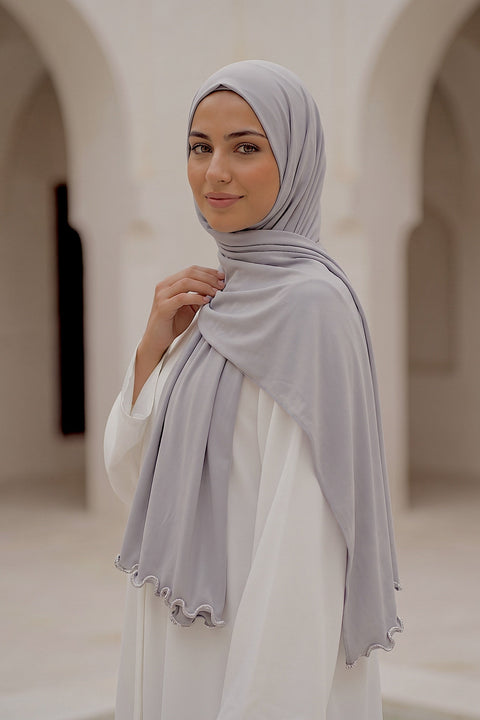 Pewter Satin Ripple liquid jersey hijab by Al Emira