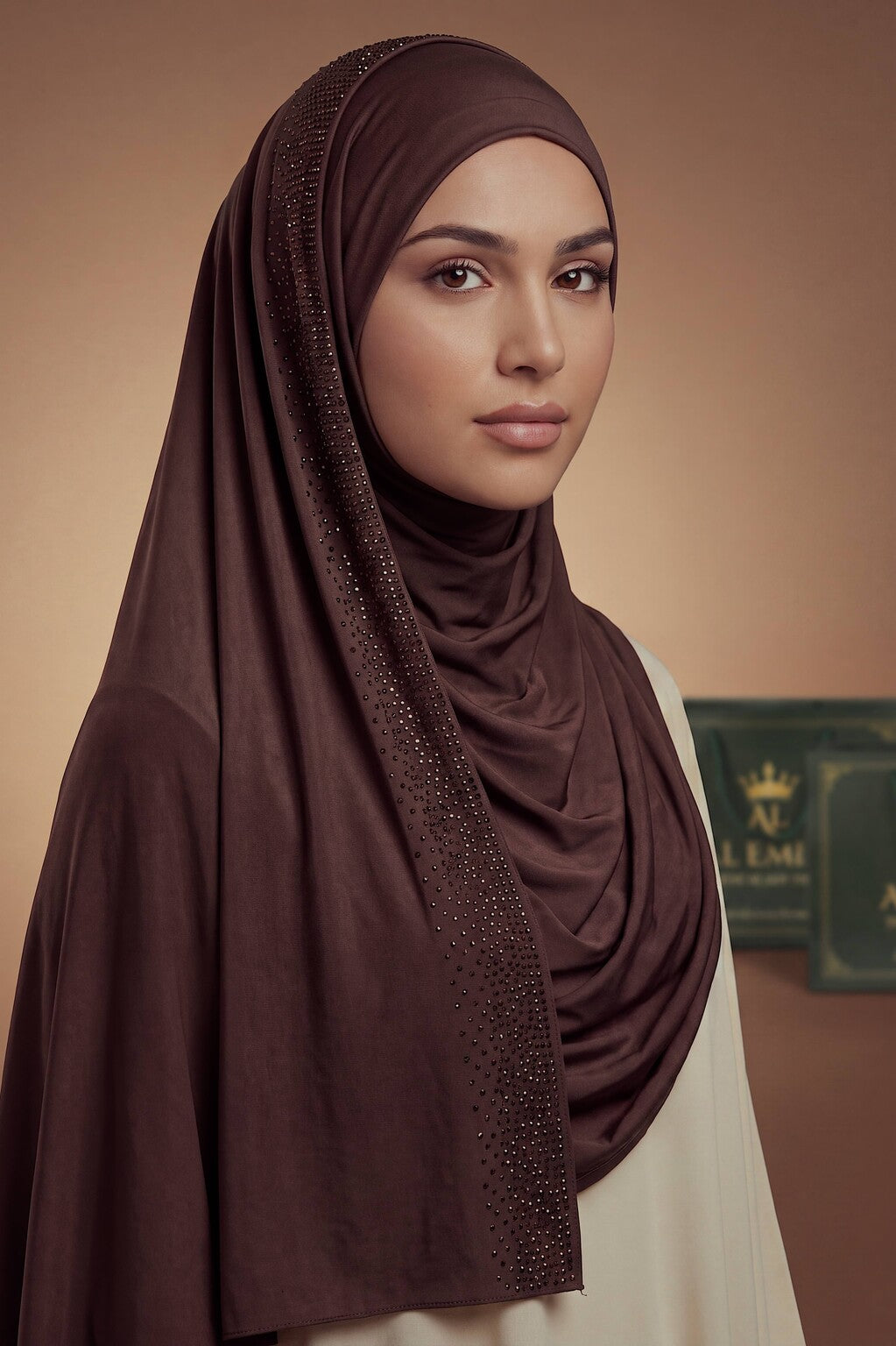 Dark Chocolate Rhinestone liquid jersey hijab by Al Emira
