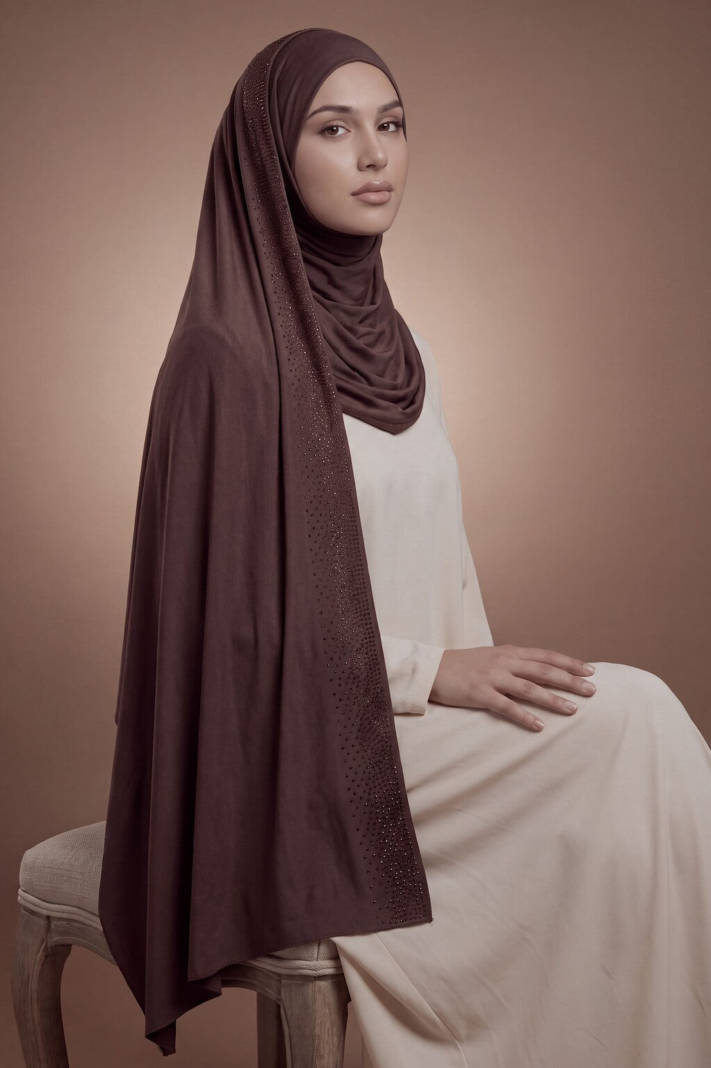Dark brown rhinestone jersey hijab, 175 x 70cm