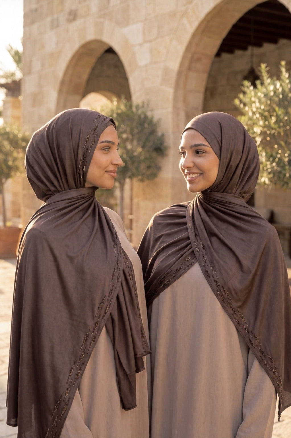Al Emira Dark Chocolate Stardust Trail hijab in a jersey, cotton and silk blend