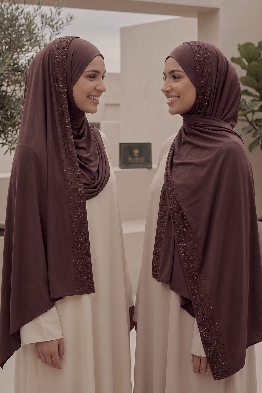Al Emira Dark Chocolate Rhinestone hijab in a jersey, cotton and silk blend