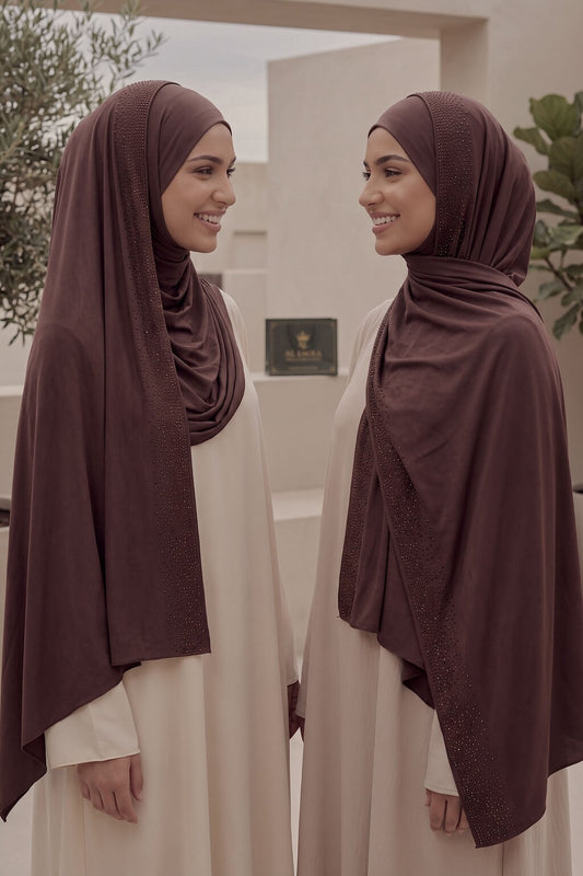 Al Emira Dark Chocolate Rhinestone hijab in a jersey, cotton and silk blend