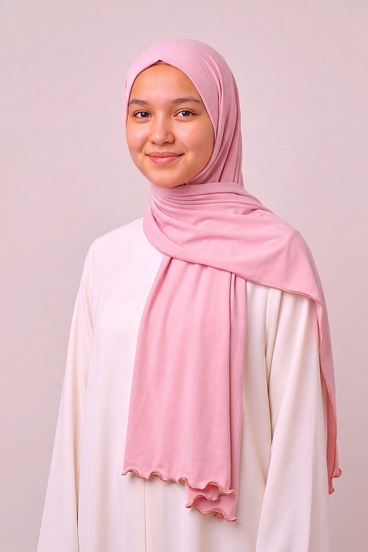 Al Emira Rose Pink Satin Ripple hijab in a jersey, polyester and nylon blend