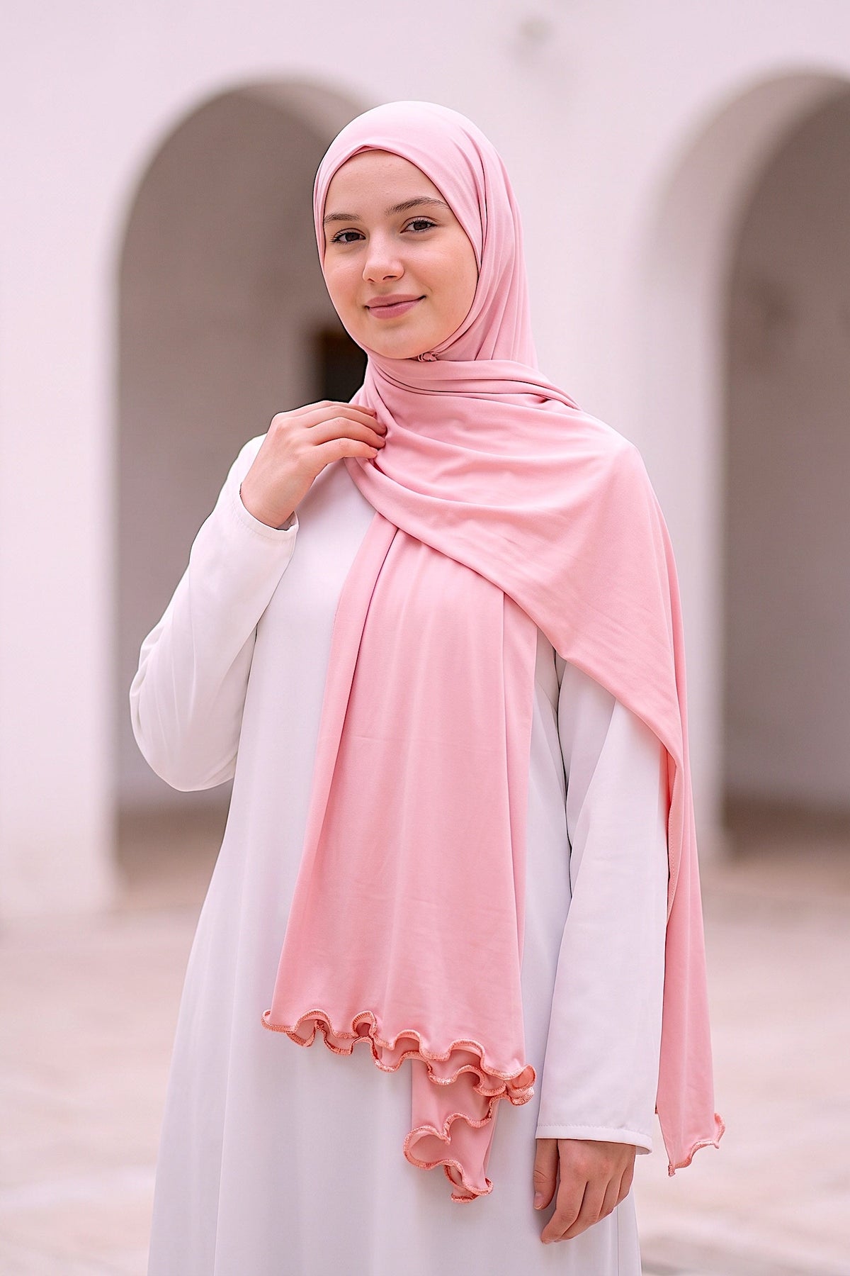 Rose Pink Satin Ripple liquid jersey hijab by Al Emira