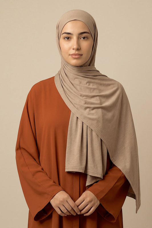 Taupe Silora cotton jersey hijab by Al Emira