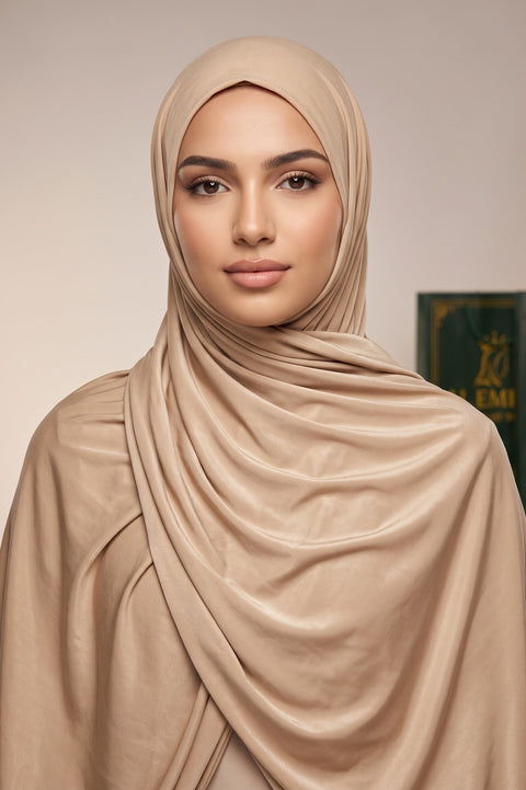 Nude Almond plain liquid jersey hijab by Al Emira