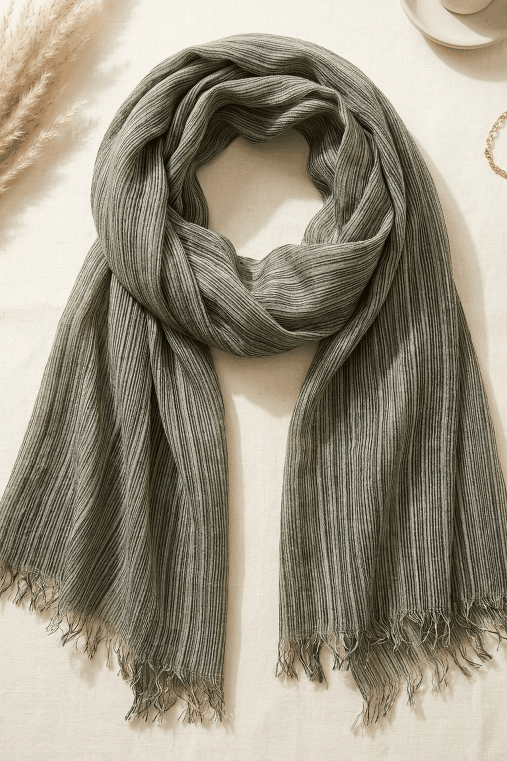 Grey-green modal hijab with fine textured lines, 190 x 85cm